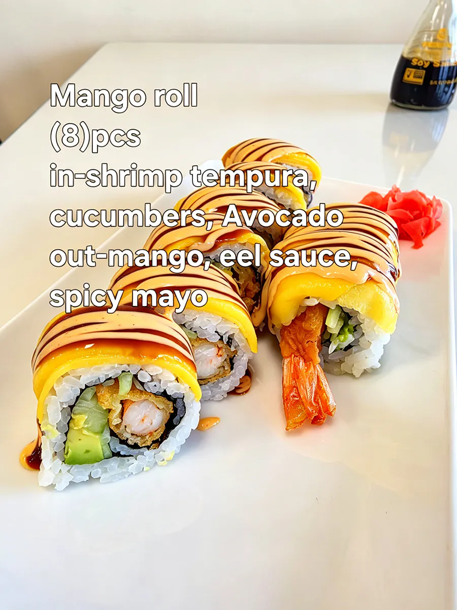 Mango wrapped shrimp tempura sushi with dual sauces at Sushi Way, a Japanese Restaurant in Davenport