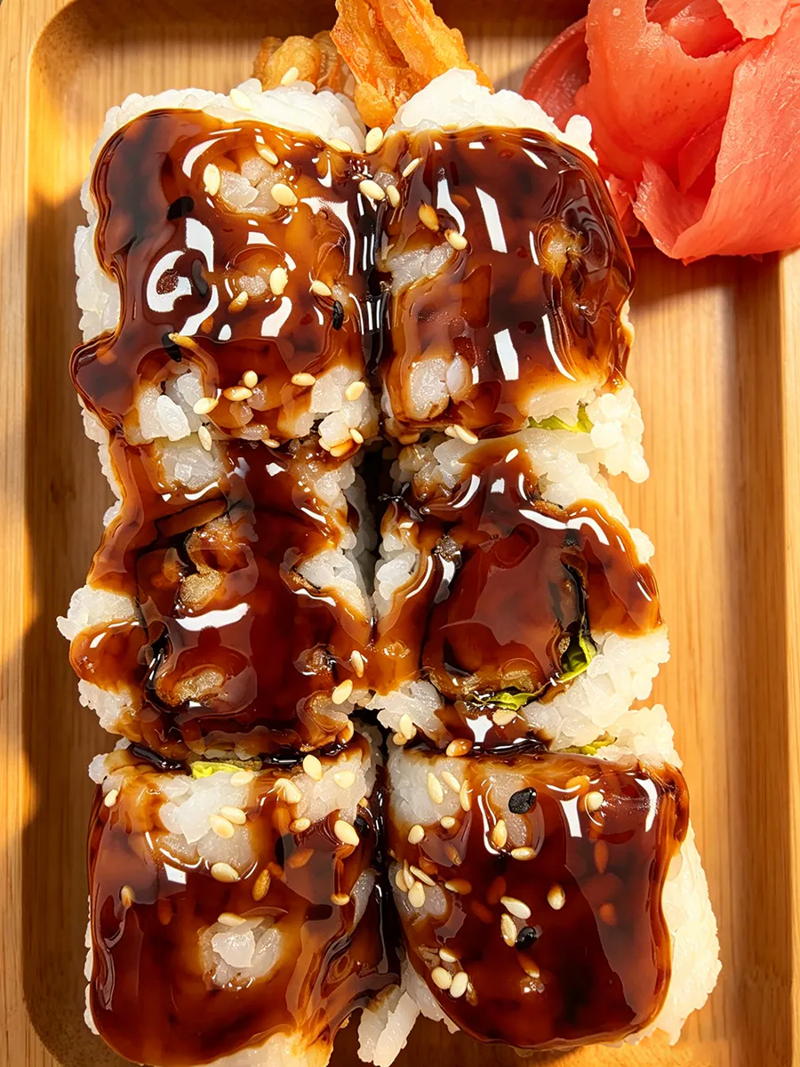 Shrimp tempura sushi glazed with glossy thick eel sauce at Sushi Way, a Japanese Restaurant in Davenport